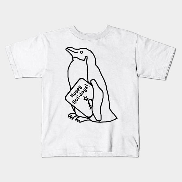 Cute Christmas Penguin says Happy Holidays Line Drawing Kids T-Shirt by ellenhenryart